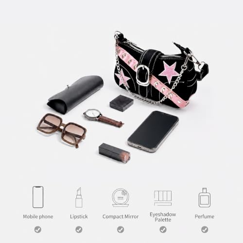 Image of Cute Y2k Purse for Women, Star Embroidery Pattern with Chain Strap Shoulder Bag, Goth Style Cute Mini Purse