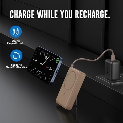 Image of URBN One Premium MagSafe Power Bank 10000mAh | 15W Fast Magnetic Wireless Charging | Built-in Detachable Type C Cable | Dual Port with Pass Through Charging (Mocha)