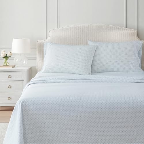 Image of Martha Stewart - Twin XL Size Sheet Set, Breathable Cotton Percale Bedding with Matching Pillowcase, Fully Elastic Fitted Sheet, Deep Pocket, Crisp & Cooling All-Season Comfort (Polka Dot Blue)