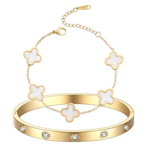 TICVRSS 18K Gold Plated Clover Bracelet Gold Love bangle Set for Women Stackable Cute Fashion Simple Friendship Bracelet Lucky Bracelets Jewelry Gifts Trendy for Women 7in Cover