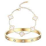 TICVRSS 18K Gold Plated Clover Bracelet Gold Love bangle Set for Women Stackable Cute Fashion Simple Friendship Bracelet Lucky Bracelets Jewelry Gifts Trendy for Women 6.3in