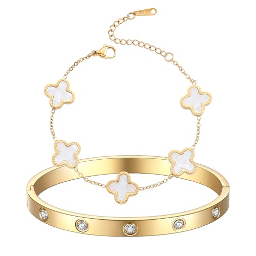18K Gold Plated Clover Bracelet Gold Love bangle Set for Women Stackable Cute Fashion Simple Friendship Bracelet Lucky Bracelets Jewelry Gifts Trendy for Women