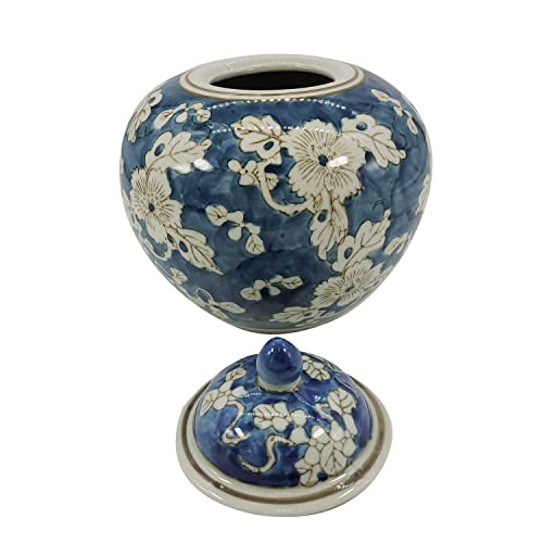 Galt International 8" Blue and White Floral Chinoiserie Jar w/Lid Decorative Ginger Jar Centerpiece Tea Storage Candy Jar Home Decor Vase