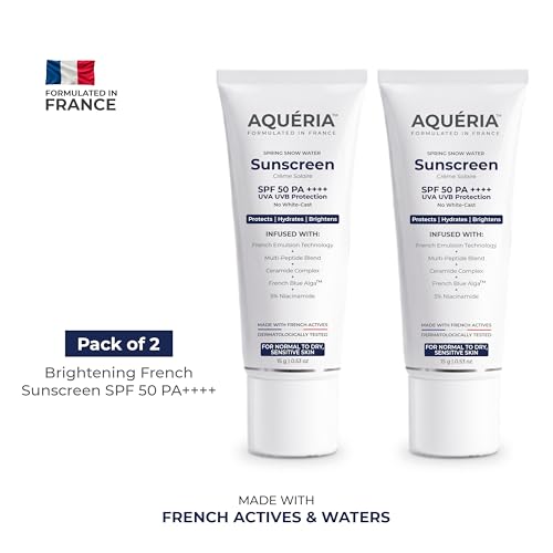 Image of Aqueria Brightening & Moisturizing Multi-Active French Sunscreen SPF 50 PA++++ | In-Vivo /In-Vitro Tested | 5% Niacinamide, 5 Ceramides & Vitamin E | Modern UV Filters | Broad Spectrum UVA /UVB & Blue Light Protection | Lightweight, No White Cast, Sweat Resistant | Suitable for Daily Use | For Normal, Dry & Sensitive Skin | Pack of 2 (30g)