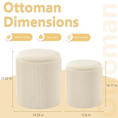 Royal Windsor Round Ottoman with Storage Set of 2,Vanity Stool with Storage for Bedroom, Ottoman Coffee Table,Small Velvet Foot Stool for Living Room, Beige