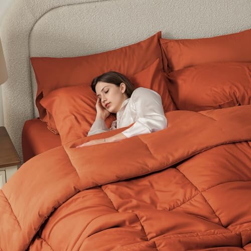 Anluoer Queen Comforter Set 7 Piece, Burnt Orange Bed in a Bag with Sheets, All Season Terracotta Bedding Comforter Sets with 1 Comforter, 2 Pillow Shams, 2 Pillowcases, 1 Flat Sheet,1 Fitted Sheet