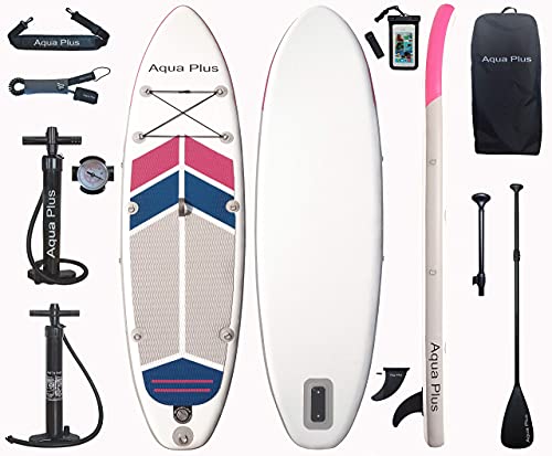 Aqua Plus 10ftx32inx6in Inflatable SUP for All Skill Levels Stand Up Paddle Board, Adjustable Paddle,Double Action Pump,ISUP Travel Backpack, Leash,Shoulder Strap,Youth & Adult Inflatable Paddle Board