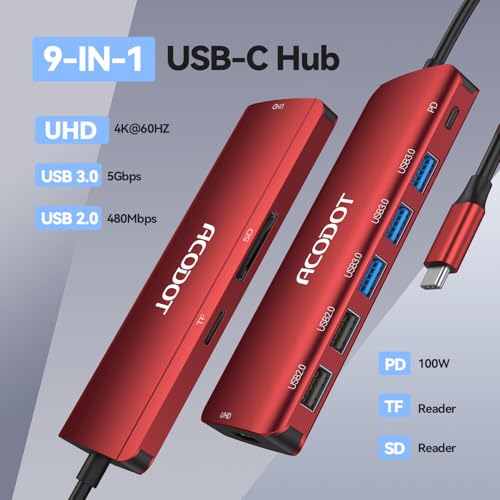 Image of USB C Hub, 9-in-1 Multi-Port USB Adapter, 4K@60Hz HDMI, 100W Max PD, 3 USB3.0(5Gbps) + 2 USB2.0 Data Ports, SD /TF Card Reader for MacBook, iPad Pro, Dell, HP, Lenovo, Windows Laptop, Red
