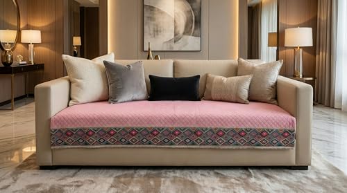 Image of Velvet Quilted Sofa Cover Mat Seat & Back, L Shape 4+3, Main L90in Chaise L69in H32in, Baby Pink Color,Anti Skid Backing, 6in Hanging Strap Design, Washa, Style -BabyPink-L43
