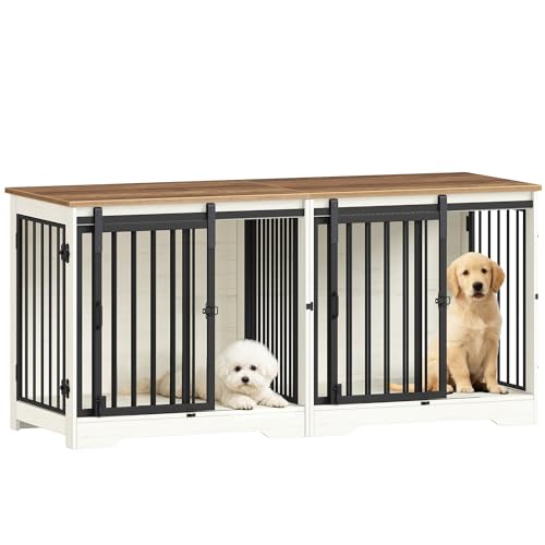 Hzuaneri Mobile Gabbia per 2 Cani con Divisorio, Gabbia Doppia per Cani di Taglia Piccola e Media, Canile in Legno Design Mobile TV con Porte a Fienile, Arredamento Interno, Bianco e Marrone