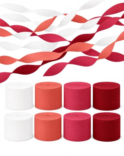 Image of 8 Crepe Paper Streamers, 656ft Pack of Red White & Orange Party Decorations | Each roll is 82 ft long and 1.8 Inch wide ideal for Birthday Party Decor, Anniversary Parties and Valentine's Day