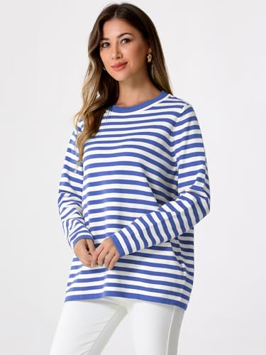 Image of Allegra K Women's Sweaters Long Sleeve Dressy Casual Striped Crewneck Pullover Tops Medium Blue