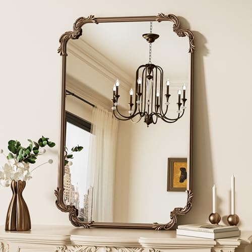 TETOTE Antique Gold Brass Rectangle Mirror for Mantle Fireplace 24
