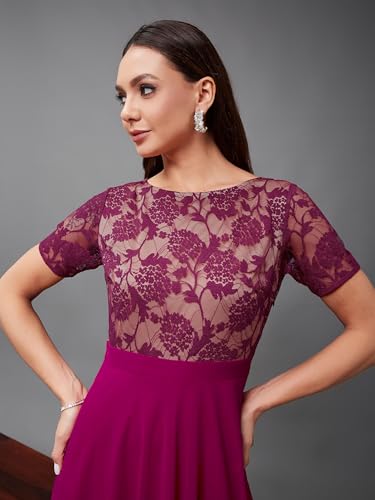 Image of Miss Chase Women's V-Neck Full Sleeve Self Design Lace-Overlaid Georgette Maxi Dress