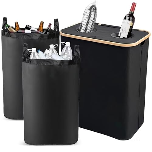 Contenedores de reciclaje para botellas de 140 l con 2 paquetes de bolsas reutilizables, contenedores impermeables con tapa, para cocina, hogar, oficina, interior y exterior,Black-57*37*67cm