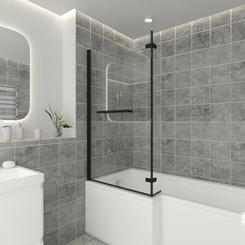 NRG 810 x 1400mm L Shaped Bath Screen with Hinged Return and Towel Rail Black Framed Safety Glass