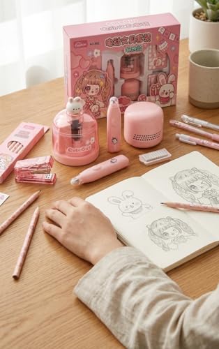 Image of Magicwand Battery Operated Pencil Sharpener,Electric Eraser,Vacuum Cleaner Stationery Set with 10 Eraser Refills for Kids,Adults for Home Office School【Flamingo Pink】