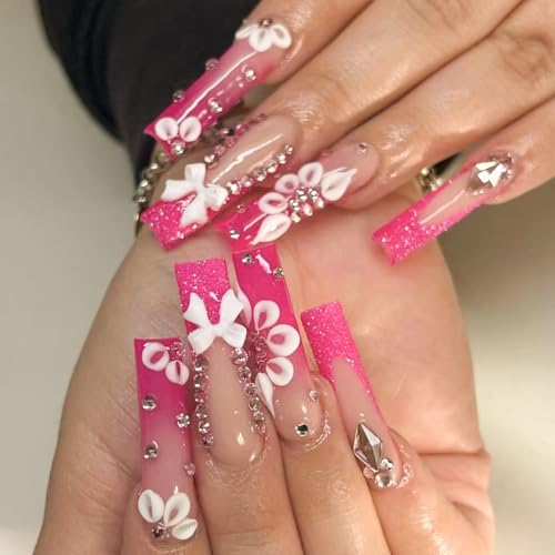 Long Press on Nail Square Fake Nails Bow Pink French Tip  Nail Full Cover Glitter Stick on Nail Pink Long Rhinestone Acrylic Glue on Nails for Women Manicure Kit 24Pcs