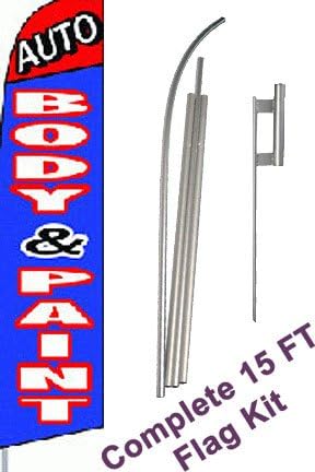 NEOPlex - "Auto Body & Paint (Extra Wide)" Complete Flag Kit - Includes 12' Swooper Feather Business Flag with 15-Foot Anodized Aluminum Flagpole and Ground Spike