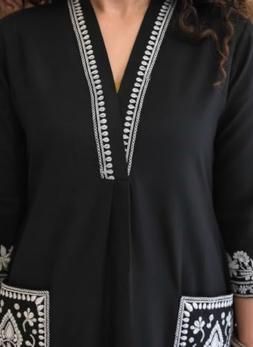 Image of SHEINZY Women's Embroidered Kurta Set with Pants | 3 /4 Sleeve V-Neck Kurti with Floral Thread Work | Ethnic Indian Wear for Casual & Festive Occasions | Comfortable Co-ord