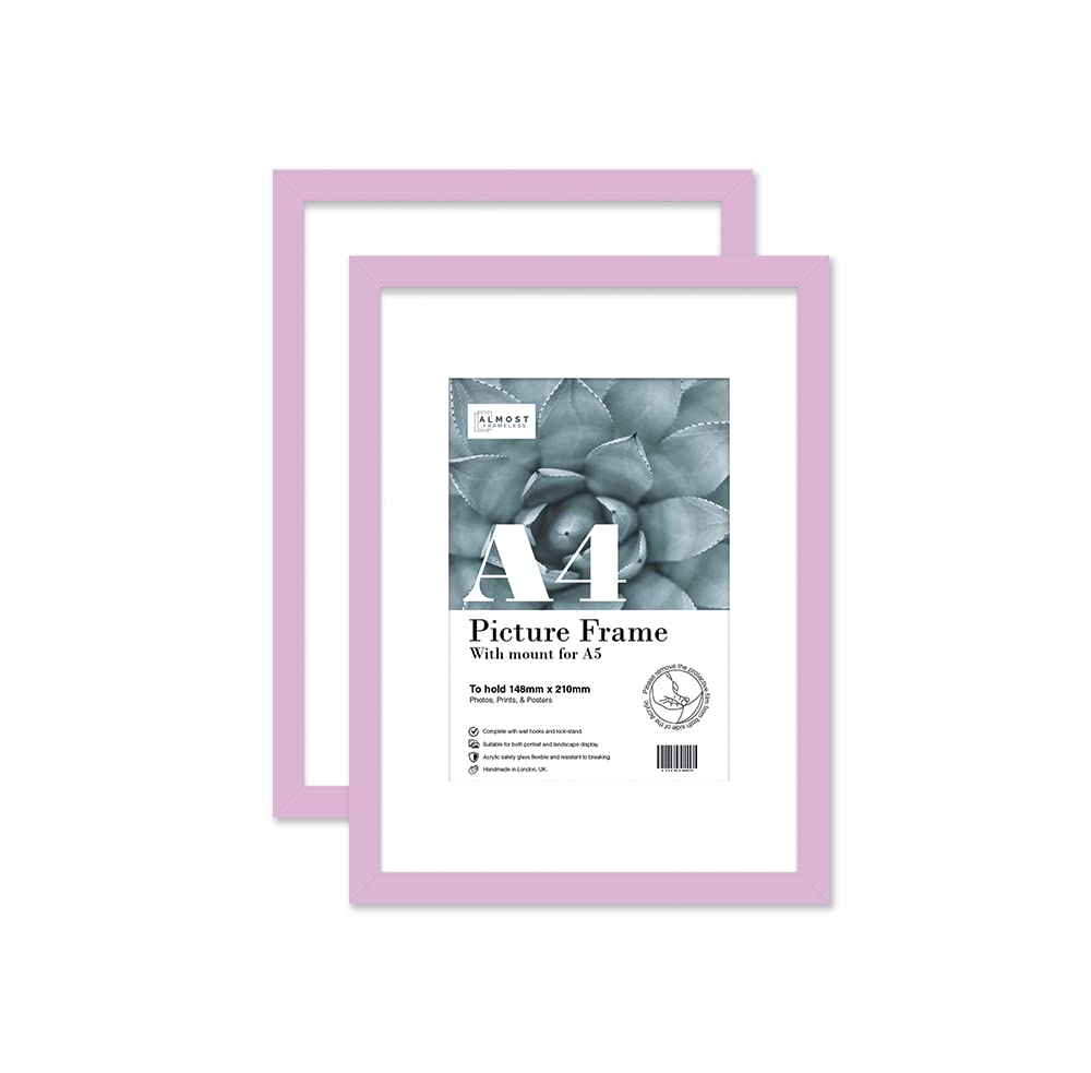 Almost Frameless Lilac A4 Picture Frame Set Of 2, Display A5 Pictures With Mount Or A5 Without Mount Gallery Wall, Poster, Photo, Artwork, Or Print,