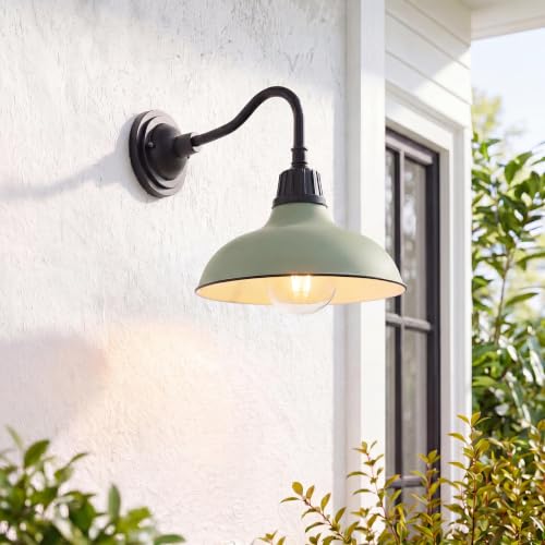 Image of JONATHAN Y 12.25 inch Matte Olive Green /Black Farmhouse Industrial Outdoor Sconce, LED Gooseneck Wall Light for Porch, Metal Bowl Shade, Dimmable Vintage Exterior Fixture, LED Bulb Included (JYL7613I)