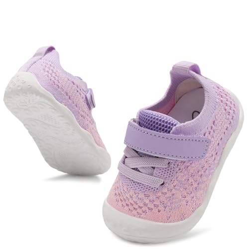 LeIsfIt Baby Boys Girls Shoes First Walking Shoes Infant Sneakers Crib Shoes Lightweight Breathable Shoes Pink Purple 12-18 Months