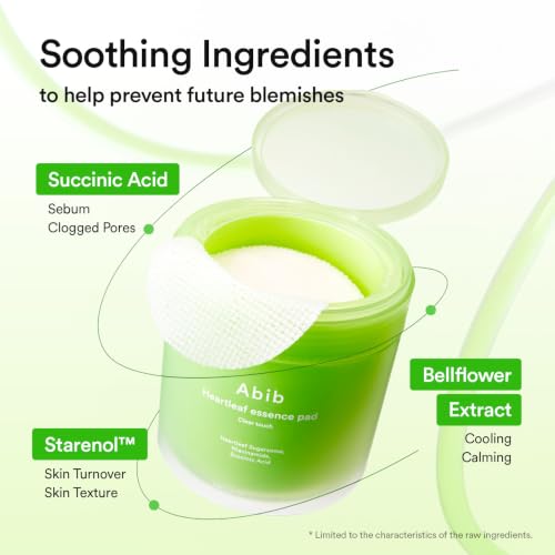 Image of Abib Heartleaf Essence Pad Clear Touch 70 Pads 8.45 fl oz | Soothing Toner Pads for Acne-Prone Skin with Succinic Acid, Niacinamide, Gentle Exfoliation, Korean Skin Care (New /Refillable)