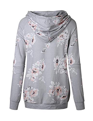 onlypuff Gray Hoodies Women Floral Print Shirt Long Sleeve Hooded Sweatshirt Tunic Tops XL