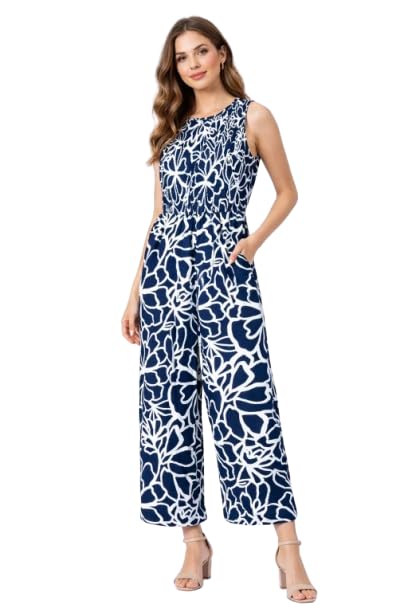 Women's Floral Print Sleeveless Wide Leg Jumpsuit | Navy Blue Casual One Piece Outfit with Pockets-image-37