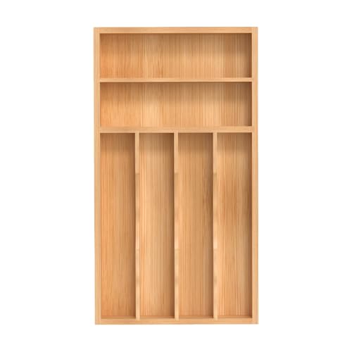 Silverware Organizer, Bamboo Kitchen Drawer Organizer, Utensil Holder, Cutlery Tray & Spoon Flatware Storage with Grooved Drawer Dividers (8.5”W x 15.5”D)