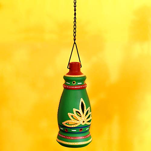 Image of AAKRITI ART CREATIONS Terracotta Green Handpainted Hanging Tea Light | Floral Art Handmade Decor | Matte Finish Terracotta Decorative Hanging Items for Home | Handpainted Decor