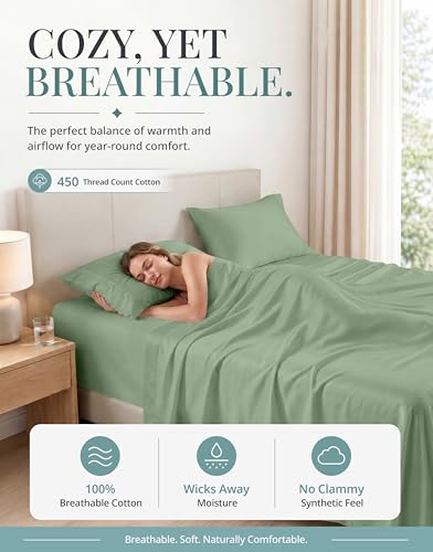 Image of LANE LINEN Twin Bed Sheets Set - 450 Thread Count Set - 100% Cotton Sheets Twin Size Bed Set - Ultra Soft Cotton Bed Sheet Set for College Dorms - Sateen Weave Hotel Sheets - Iceberg Green