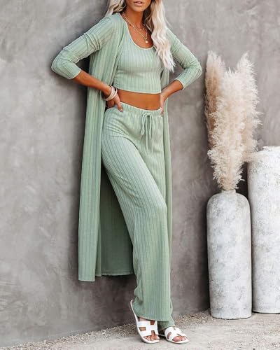 Fessceruna Womens 3 Piece Lounge Sets Pajamas Knit Long Sleeve Cardigan Crop Top Wide Leg Pants Loungewear Set4