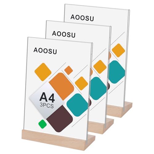 AOOSU A4 Soporte de Menú, 3pcs Soporte para Letreros, L Expositor de Mesa, para Soporte Carteles Expositor Publicitario Soportes de Sobremesa para Carteles Soporte Sobremesa Acrílico