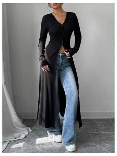 WDIRARA Women's Button Down Long Cardigan V Neck Slit Ribbed Knit Sweater Casual Going Out Tops4