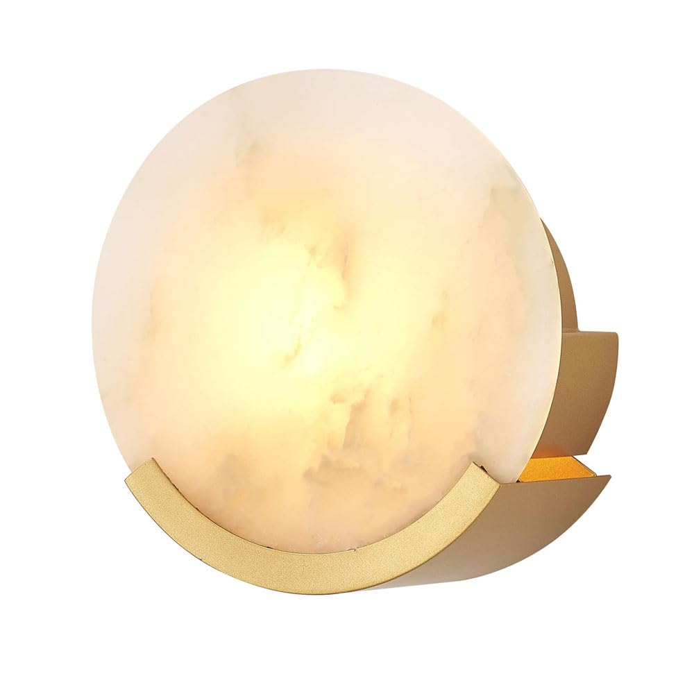 GUOGUOSM 7in Round Wall Light, Modern Minimalist Marble Wall Lamp, Hard Wiring Connection Alabaster Wall Sconce, Living Room Entrance Bedside Decorative Lighting Fixtures
