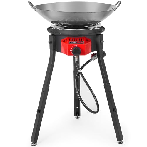 OuterMust Outdoor Cooker Wok Station with Iron Wok Electronic Ignition and Propane Burner 54000 BTU with Adjustable Support Stand for BBQ Backyard