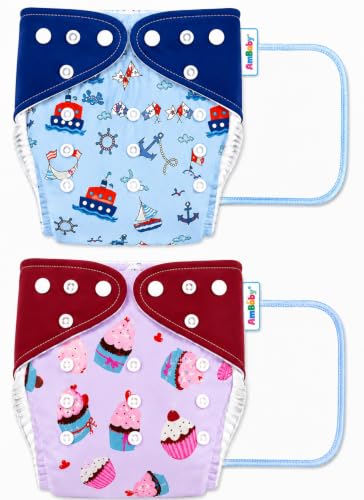 Image of Ambaby Pack of 4 Premium Pocket Cloth Diapers with 2 Diaper Covers & 2 High-Absorbency 4Layer Insert Pads. Leak-Proof, Adjustable, Breathable, Reusable & Washable. Fits Babies 3 Months-3 Years(3-18kg)