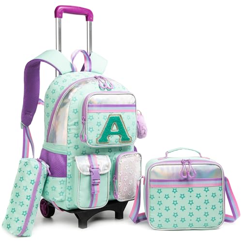 HTgroce Mochila con Ruedas Niña Desmontable Letra A – Set 3 en 1 con Estuche y Bolsa de Almuerzo – Mochila Escolar Trolley Ergonómica para Primaria – Ideal para Colegio y Viaje