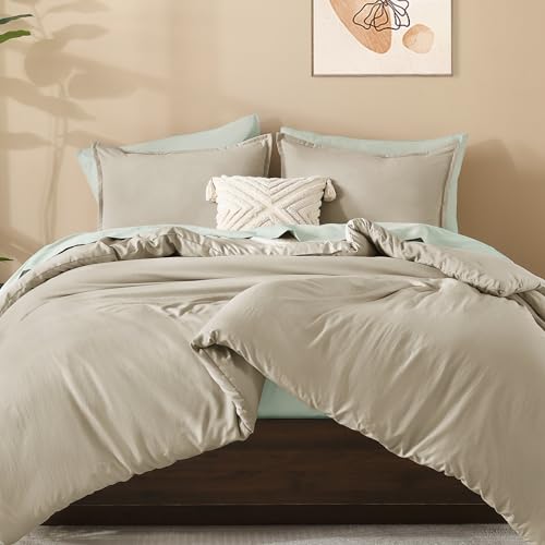 image for Litanika Oatmeal Comforter King Size, 3 Pieces Lightweight Solid Beddi