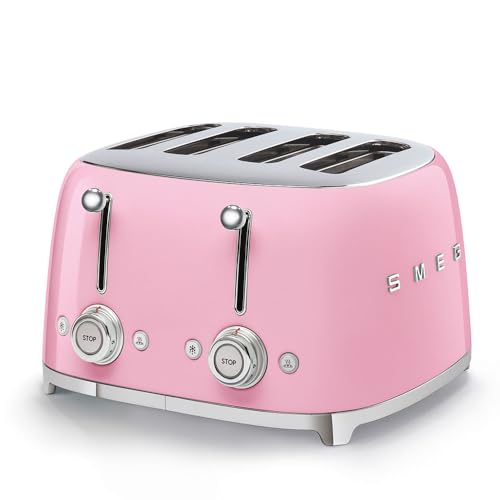 Smeg 50's Style Retro Aesthetic 4 Slice Toaster 6 Presets Extra Wide Slots Pink TSF03PKUS