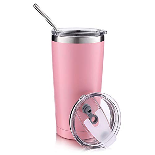Sivaphe 20 OZ geïsoleerde beker roestvrij staal met rietje en deksels, reiskoffiekop dubbelwandige vacuüm drinkglazen voor kamperen wandelen roze 550ML- cadeaus voor vrouwen