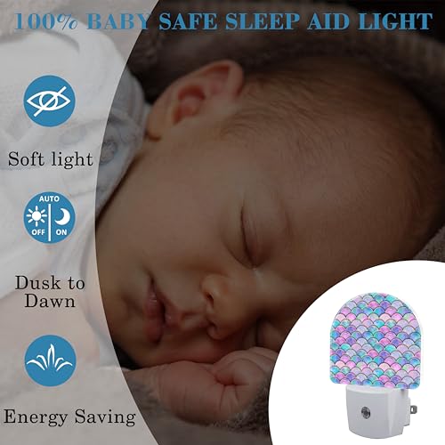 Image of Night Light for Kids Girls Boys, Watercolor Mermaid Fish Scale Wave LED Night Light Plug into Wall with Dusk to Dawn Sensor for Room Decor, Hallway, Kitchen, Bathroom, Nursery, Stairs