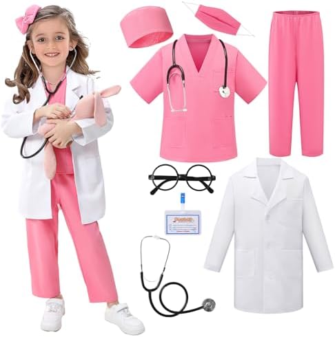 FUNSENLY Doctor Costume for Kids - 8pcs Kids Dress Up Set, Toddler Halloween Costumes for Girls Boys, Doctor Pretend Play Kit