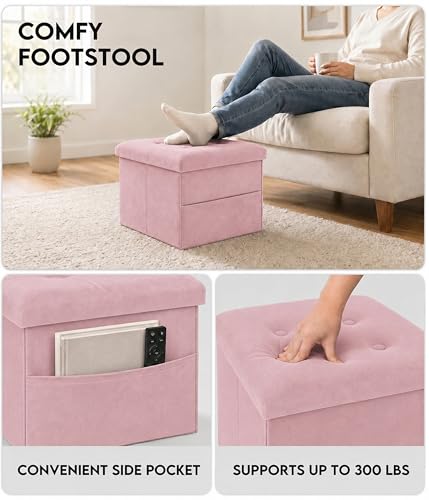 Image of ZOES HOMEWARE Small Storage Ottoman Foot Rest, Velvet Ottoman with Storage and Side Pocket, Pink Foot Rest for Couch, Foldable Footstool Ottoman for Chair,Living Room&Dorm, 16 inchx12 inchx12 inch Pink