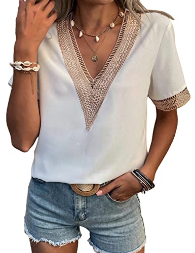 MUMUBREAL Women's Lace V Neck Tops Short Sleeve T Shirts Summer Shirt Casual Work Chiffon Blouse, White M