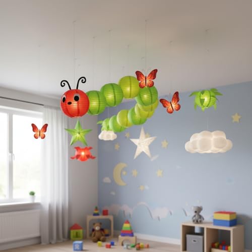 Image of Hortsun 7 Pcs Caterpillar Theme Birthday Decorations Caterpillar Paper Lanterns Sets for School Classroom Birthday Party Favors, with Eyes Mouth Feelers Glue Point (Assorted Colors)
