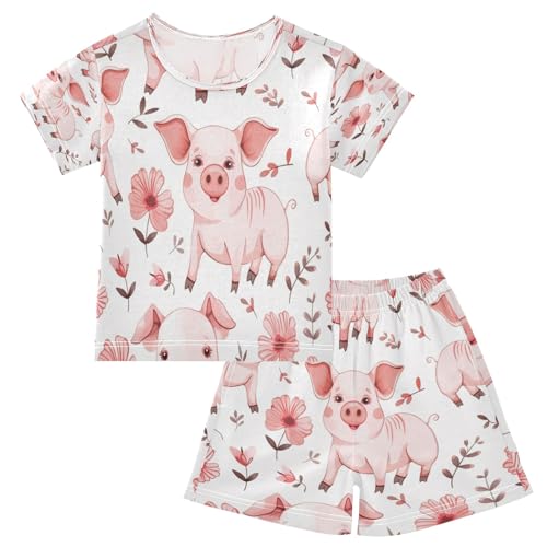 Pink Flower Pig Summer Pajamas Set Short Cotton Sleepwear 2 Piece