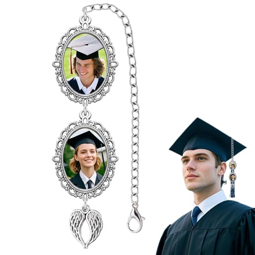 Personalized Graduation Tassel Photo Charm with Angel Wings Personalized Tassel Cap Charm with Memorial Photo for Graduation Caps Decorations for Women Men Memory Picture for Grad Hats